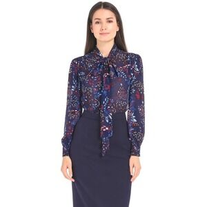 Eva Mendes‎ New York & Co Floral Tie Neck Blouse Sheer S Soft Femininity 55-25